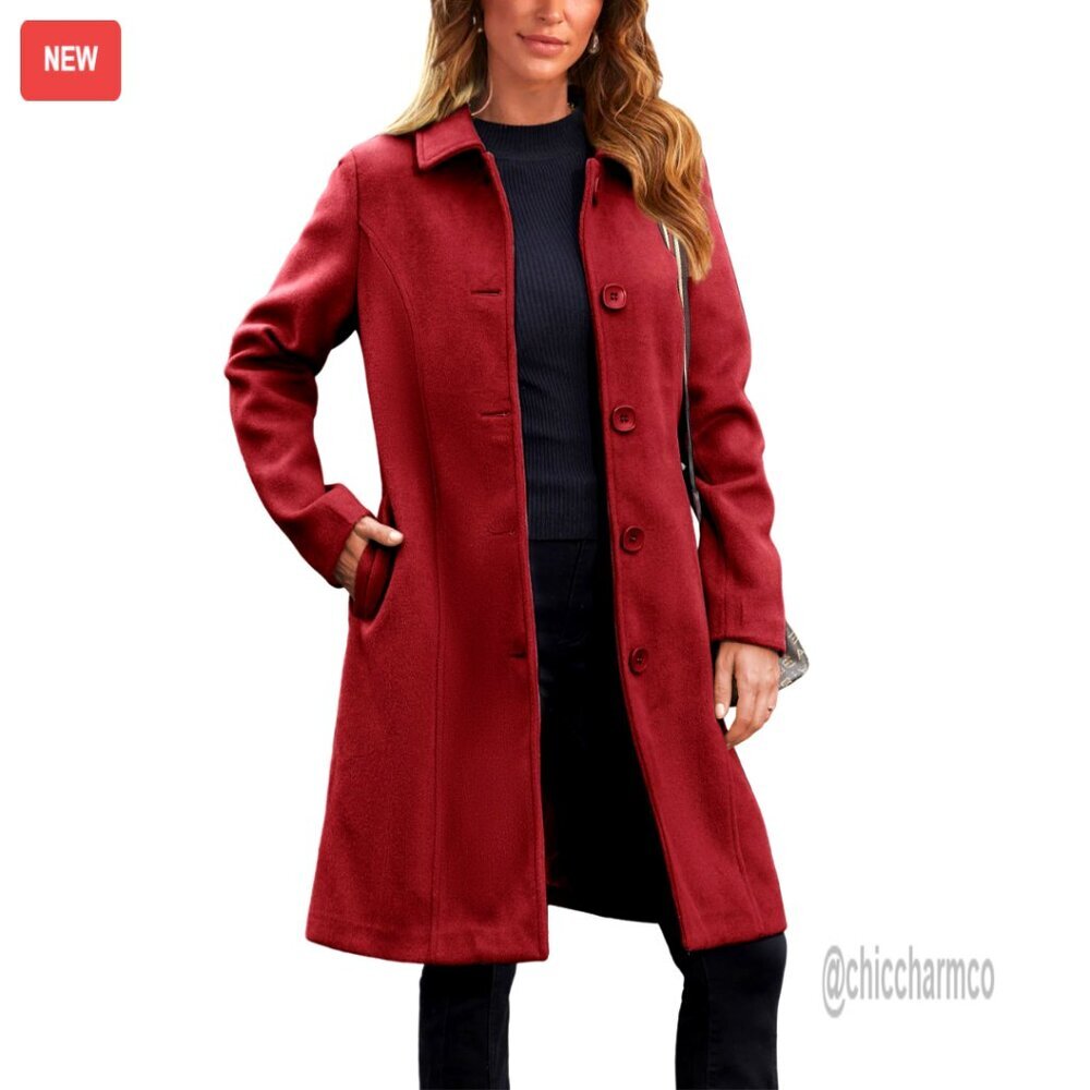 Women's Faux Wool Peacoat Long Trench Coat with Pockets Winter Overcoat